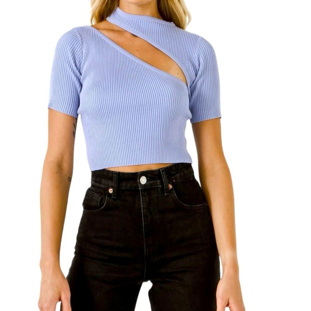 Endless Rose powder blue cut out crop top, cutout summer sweater NWT size L